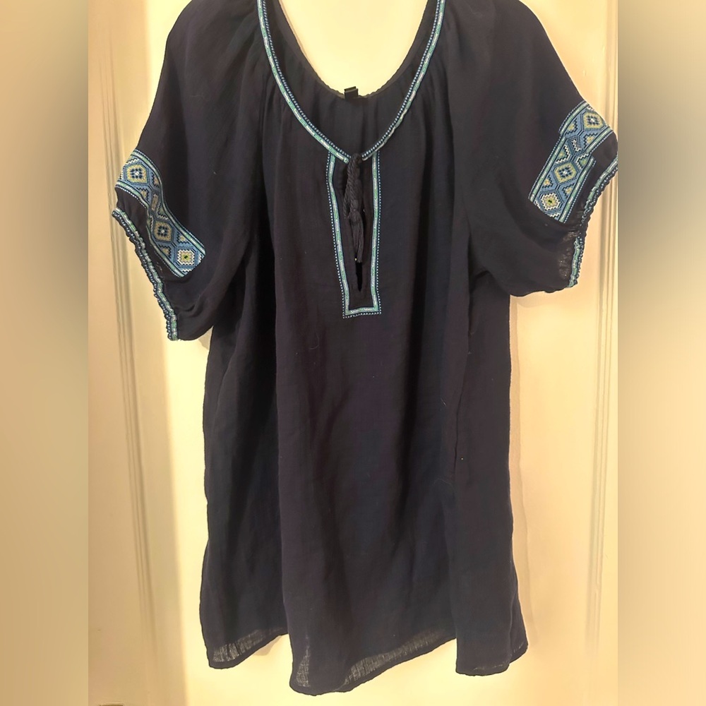 J CREW Navy Gauze embroidered top tunic tassel tie Size XL EUC!